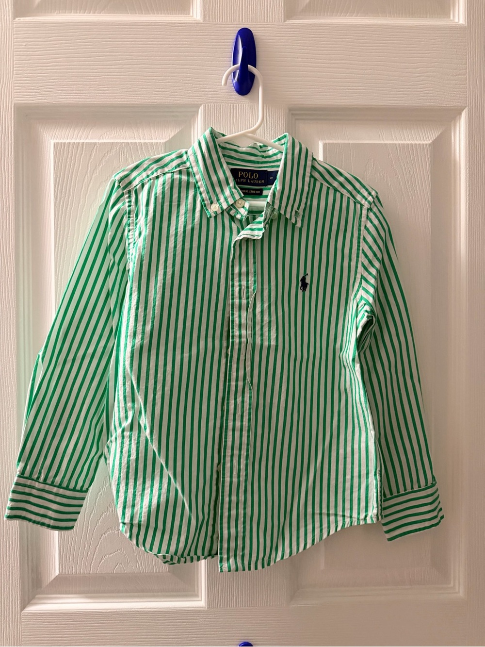 Polo Ralph Lauren Boys Size 5 Green White Striped Button Down Shirt